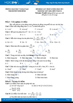 Đề KSCL HK1 môn Toán 8 thành phố Ninh Bình năm 2017-2018 có đáp án