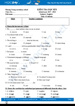 Đề thi học kì 1 Tiếng Anh lớp 8 THCS Phương Trung có đáp án