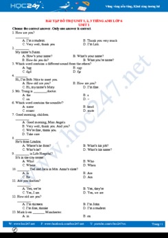 Bài tập trắc nghiệm Unit 1, 2, 3 Tiếng Anh lớp 6