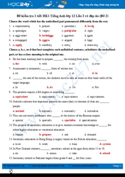 Đề kiểm tra 1 tiết HK1 Tiếng Anh lớp 12 Lần 2 có đáp án