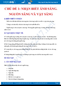 Chủ đề Nhận biết ánh sáng- Nguồn sáng- Vật sáng bồi dưỡng kiến thức Vật lý 7