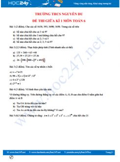 Đề kiểm tra giữa kì 1 môn Toán lớp 6 trường THCS Nguyễn Du