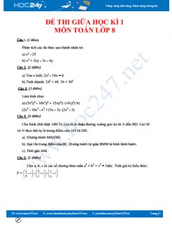 Đề thi giữa học kì 1 môn Toán lớp 8