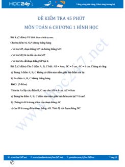 Đề kiểm 1 tiết chương 1 Đoạn thẳng Hình học 6 có đáp án