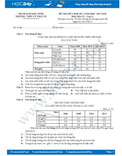 Đề thi giữa HK 1 môn Địa lí lớp 11 năm 2017 - THPT Lý Thái Tổ, Bắc Ninh
