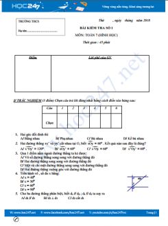 Đề kiểm tra 1 tiết Chương 1 Hình học 7 có đáp án