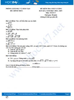 Đề thi giữa học kì 1 môn Toán lớp 9 năm 2018 có đáp án