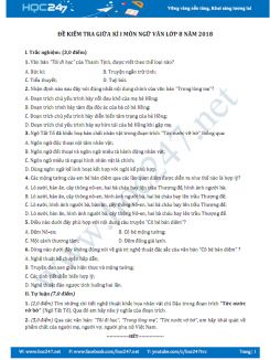 Đề kiểm tra giữa kì I Môn Ngữ văn lớp 8 năm 2018