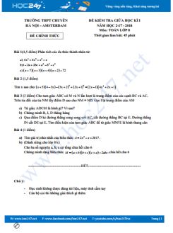 Đề thi giữa kì 1 môn Toán 8 năm 2017 trường THPT Chuyên Hà Nội Amsterdam