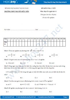 Đề kiểm tra 1 tiết chương 1 Đại số 11 năm 2017 - Trường THPT Nguyễn Hữu Tiến
