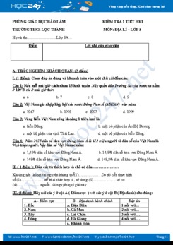 Đề kiểm tra 1 tiết HK 1 môn Địa lí lớp 8 - THCS Lộc Thành, Bảo Lâm