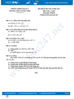 Đề thi giữa học kì 1 môn Toán 8 trường THCS Lê Quý Đôn Quận 3