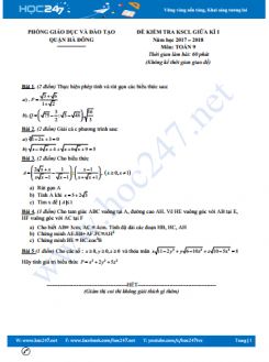 Đề thi giữa HK1 môn Toán 9 năm 2017 phòng GD&ĐT Quận Hà Đông