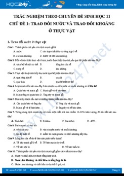 74 bài tập trắc nghiệm Sinh 11 chủ đề Trao đổi nước và khoáng ở thực vật