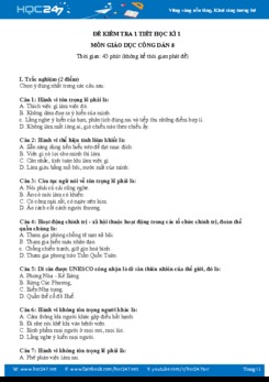 Đề kiểm tra 1 tiết HK 1 môn GDCD lớp 8 có đáp án