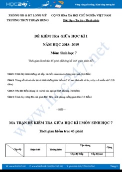 Đề thi giữa HK1 môn Sinh học 7 có đáp án năm học 2018-2019 THCS Thuận Hưng
