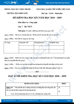 Đề thi học kì 1 môn Công Nghệ 7 trường THCS Biên Giới có đáp án