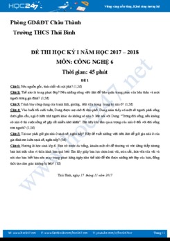 Đề thi Học kỳ 1 môn Công Nghệ 6 trường THCS Thái Bình có đáp án