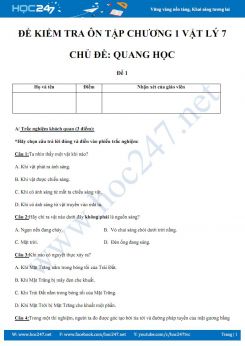 Đề kiểm tra ôn tập Chương 1- Quang học môn Vật lý 7
