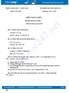 Đề thi giữa HK1 môn Toán 8 năm 2018 Phòng GD&ĐT quận Tây Hồ