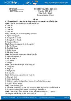 Đề kiểm tra giữa HK 1 môn Địa lí lớp 8 năm 2018 có đáp án