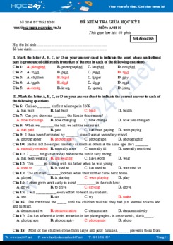 Đề thi giữa HK1 môn Tiếng Anh lớp 10 có đáp án
