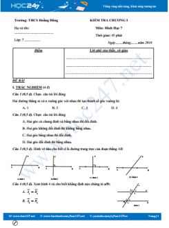 Đề kiểm tra 1 tiết Chương 1 Hình học 7 năm 2018 trường THCS Hoằng Đồng có đáp án