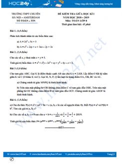 Đề thi giữa HK1 môn Toán 8 năm 2018 trường THPT Chuyên Hà Nội Amsterdam