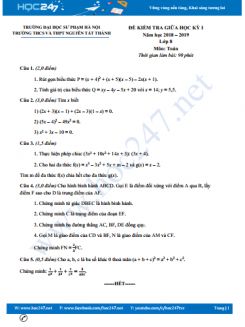 Bộ 3 đề kiểm tra giữa học kì 1 môn Toán 8 năm 2018