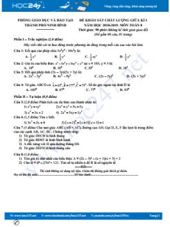 Đề thi giữa HK1 môn Toán 8 năm 2018 thành phố Ninh Bình có đáp án