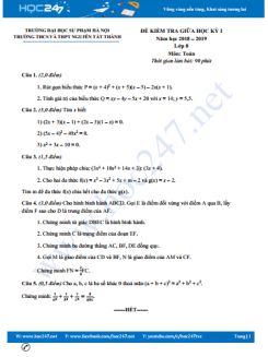 Đề kiểm tra giữa kì 1 môn Toán 8 năm 2018 trường THCS Nguyễn Tất Thành