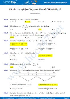 150 câu trắc nghiệm Chuyên đề Hàm số Giải tích lớp 12 có đáp án