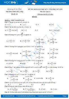 Đề thi học kì 1 môn Toán lớp 11 Trường THPT Đức Thọ năm học 2017 - 2018 có đáp án chi tiết