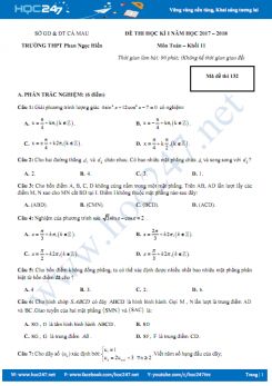 Đề thi học kì 1 môn Toán lớp 11 Trường THPT Phan Ngọc Hiển năm học 2017 - 2018 có đáp án chi tiết