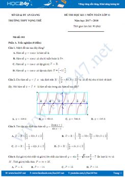 Đề thi học kì 1 môn Toán lớp 11 Trường THPT Vọng Thuê năm học 2017 - 2018 có đáp án chi tiết