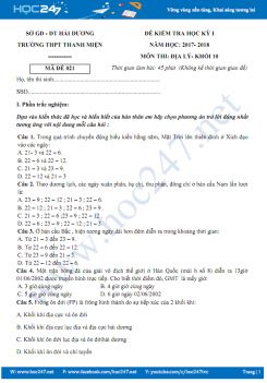 Đề kiểm tra HK 1 môn Địa lí lớp 10 năm 2017 - THPT Thanh Miện, Hải Dương