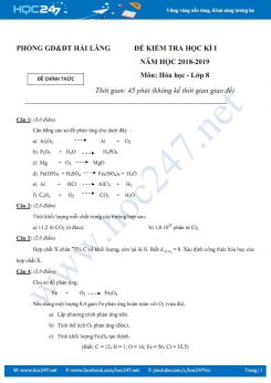 Đề thi HK1 môn Hóa học 8 có đáp án trường THCS Hải Lăng năm 2018-2019