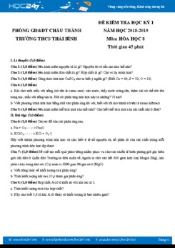 Đề thi học kì 1 môn Hóa 8 năm học 2018-2019 trường THCS Thái Bình