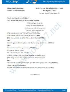 Đề thi HK 1 môn Ngữ văn lớp 7 năm 2017 Trường THCS Nhuế Dương