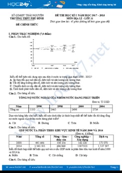 Đề kiểm tra HK 1 môn Địa lí lớp 11 năm 2017 trường THPT Phú Bình