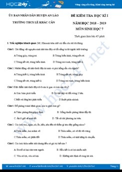 Đề thi HK1 môn Sinh học 7 năm học 2018-2019 trường THCS huyện An Lão
