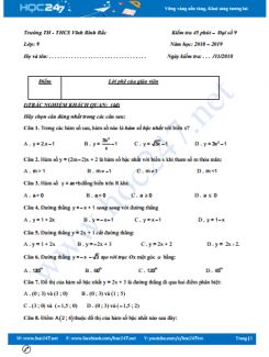 Đề kiểm tra 1 tiết Chương 2 Đại số 9 trường THCS Vĩnh Bình Bắc có đáp án