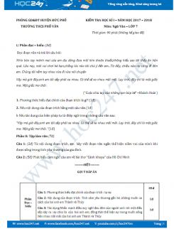 Đề thi HK 1 môn Ngữ văn lớp 7 năm 2017 Trường THCS Phổ Văn