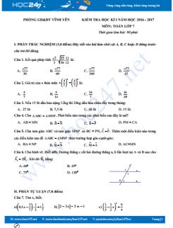 Đề thi HK1 môn Toán 7 Phòng GD&ĐT Vĩnh Yên có đáp án