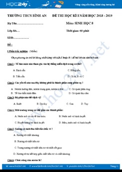 Đề thi HK1 môn Sinh học 8 có đáp án trường THCS Bình An năm 2018-2019