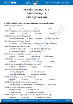 Đề thi và đáp án học kì 1 môn Sinh học 8 năm học 2018-2019
