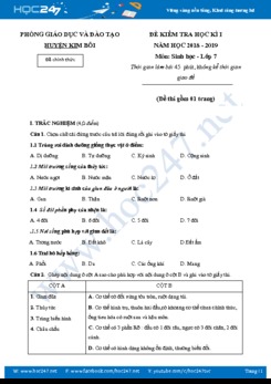 Đề thi HK1 môn Sinh học 7 năm học 2018-2019 trường THCS huyện Kim Bôi