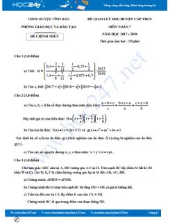Đề thi HSG huyện cấp THCS môn Toán 7 năm 2017 Huyện Vĩnh Bảo có đáp án