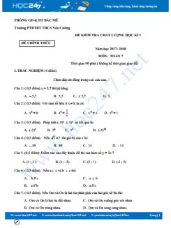 Đề thi HK1 môn Toán 7 năm 2017 Trường THCS Yên Cường có đáp án