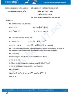 Đề thi HK1 môn Toán 6 năm 2017 Phòng GD&ĐT Thành phố Thanh Hóa có đáp án
